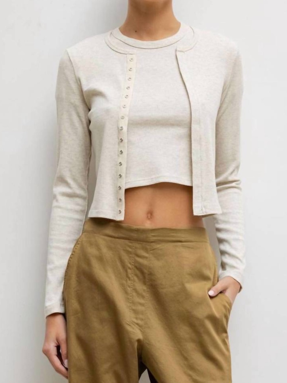 LESET • Kelly Long Sleeve Snap Down Cardigan in Oatmeal
